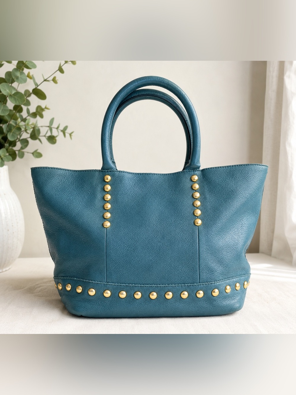 Emma Fox Peacock Blue Pebbled Leather Tote Bag with Gold Stud Detail